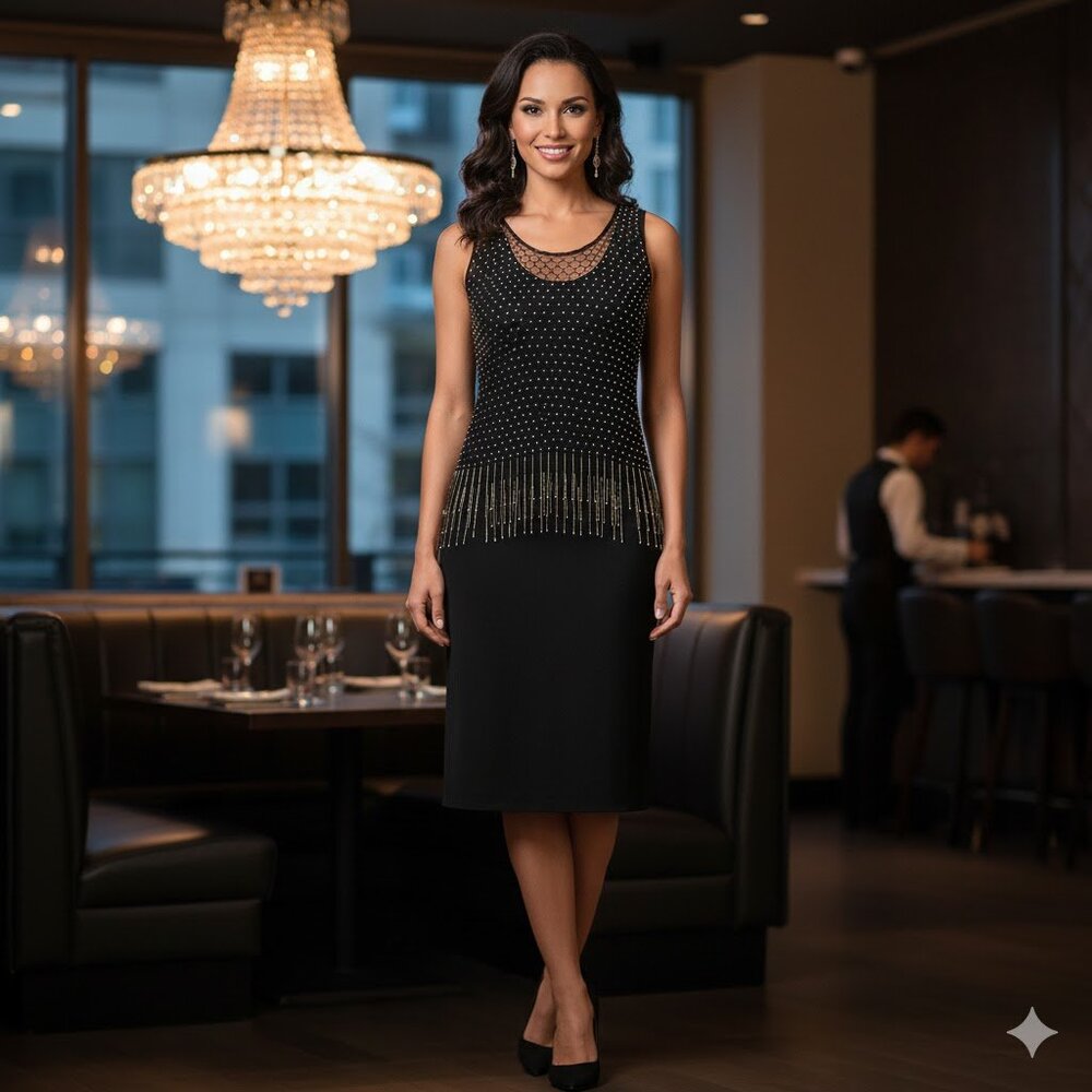 Sam USA Vintage glam beaded fringe black/gold party 2 piece sleeveless dress, S